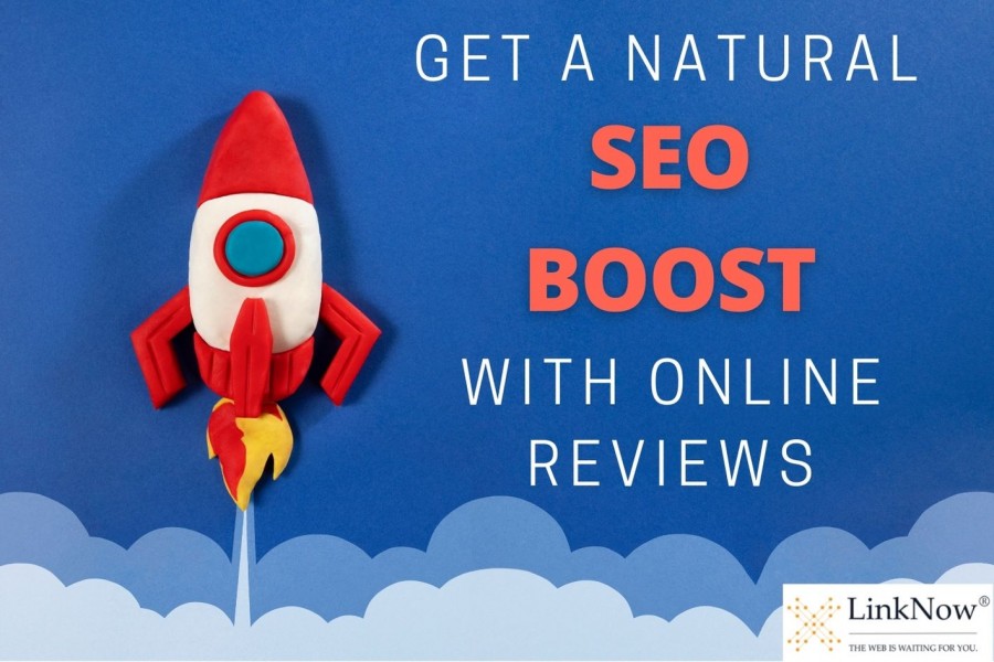 Picture of a cartoon rocket ship taking off. Caption says: Get a natural SEO boost with online reviews.